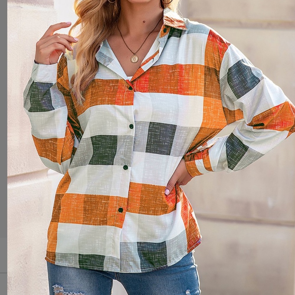 Coeur De Vague Orange & Gray Plaid Button Up